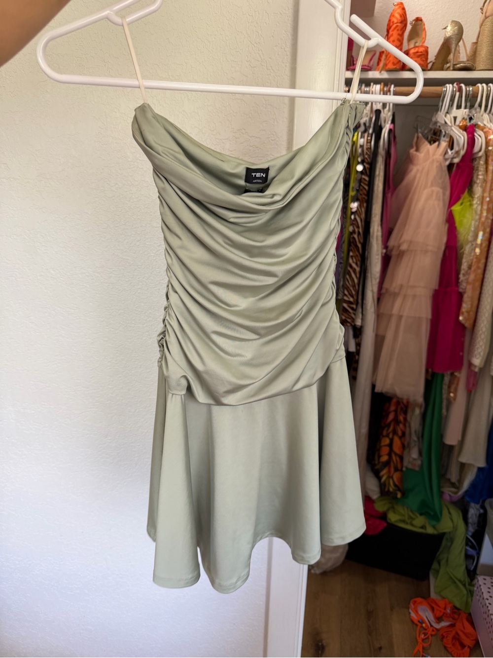 Aritzia Strapless Sage Green Ruched Cowl Mini Dress